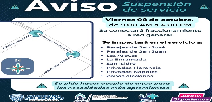 Suspenderán suministro de agua en siete colonias mañana viernes