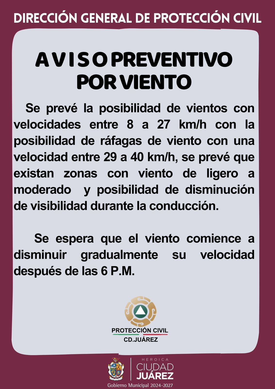 Alerta Protección Civil por vientos fuertes esta tarde