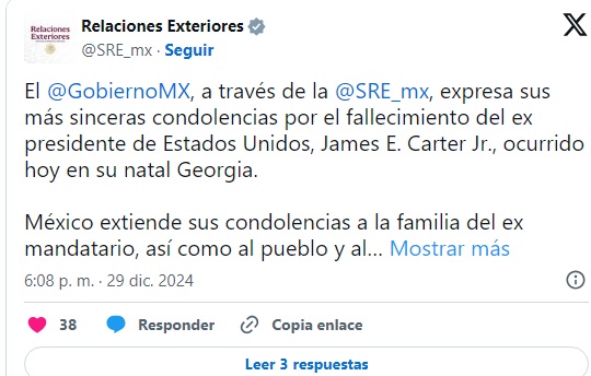 Lamenta México la muerte de Jimmy Carter